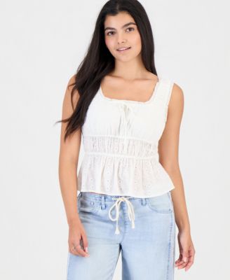 Juniors' Eyelet Embroidered Cotton Sleeveless Top