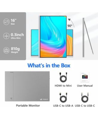 16" Portable 1920×1200P IPS Monitor, USB-C & HDMI, 0.3" Ultra-Slim, with Kickstand for Travel & Office