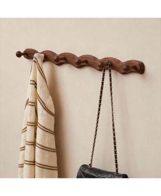Wave-Shape Walnut Wood Coat Rack with 6 Hooks for Hats, Coats, Bags