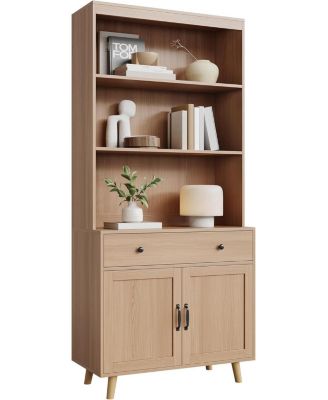 Tall Freestanding Wooden Bookcase with Storage Cabinet, Doors & Drawers – 72.4" Display Bookshelf for Living Room, Bedroom, Home Office