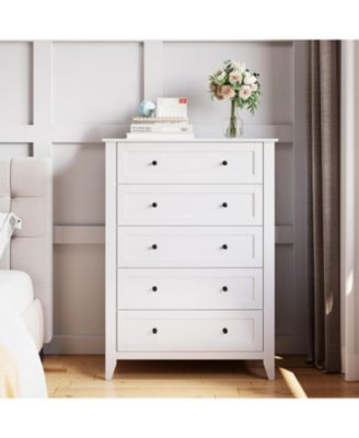 White 5 Drawer Dresser for Bedroom, Tall Dresser with Deep Drawers & Metal Knobs, Modern Wooden Chests of Drawers for Entryway