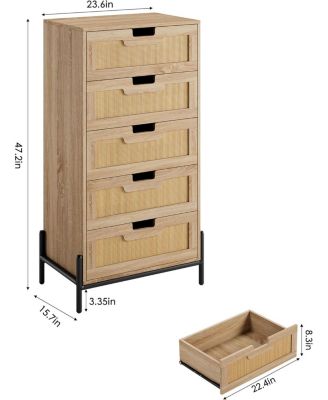 Rattan 5 Drawer Dresser for Bedroom, Modern Farmhouse Wooden Storage Cabinet with Legs, Dressers & Chests of Drawers for Bedroom, Living Room