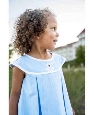 Little Girls Linen Look Dress With Vintage Flower