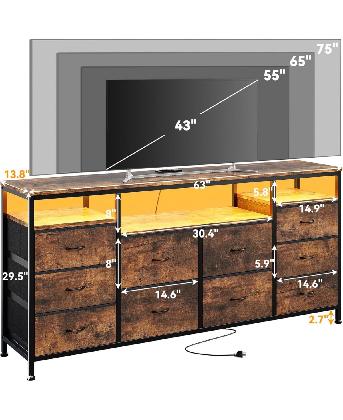gaomon 63" Dresser with 10 Fabric Drawers, Wide Tv Stand Built-in Usb Ports & Led Lighting, Multi-Functional Storage Unit for 75 Inch