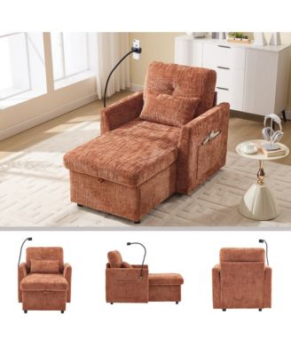 Multifunctional Chenille Sofa with Storage & Cell Phone Bracket, Single Sleeper Chair, Chaise Lounge Chair