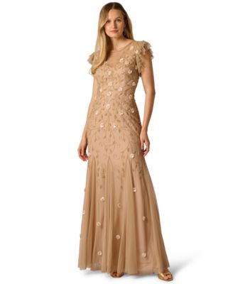 Women's Bead Mesh Godet Crew Neck Gown