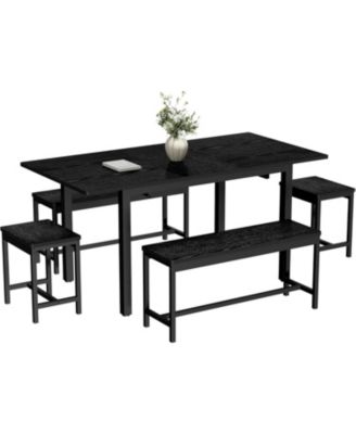 Extendable Dining Table Set for 6-8 People, Farmhouse Style Wooden Table with 2 Benches and 2 Stools