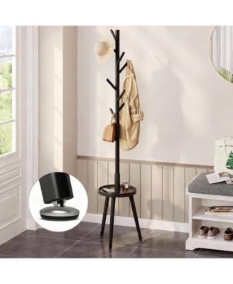 Solid Wood Standing Coat Rack with 8 Hooks & Shelf