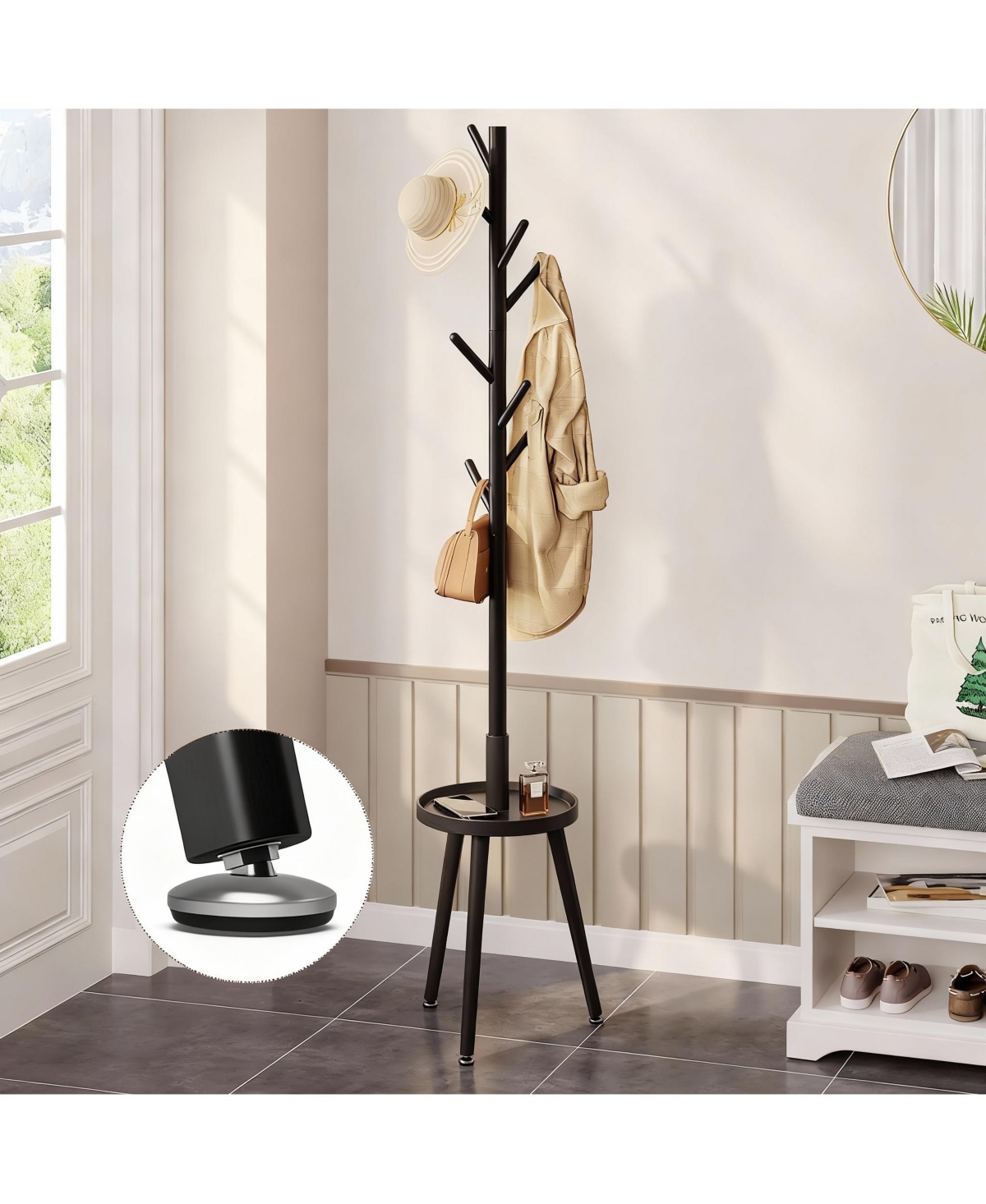 Yigii Solid Wood Standing Coat Rack with 8 Hooks & Shelf