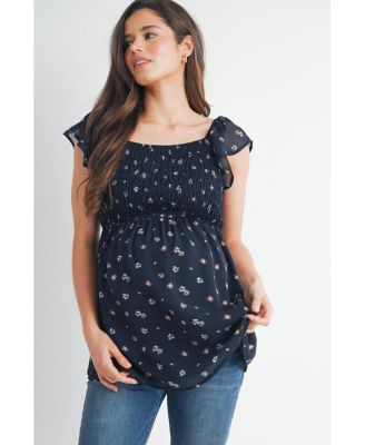 Maternity Smocked Square Neck Floral Empire Waist Top