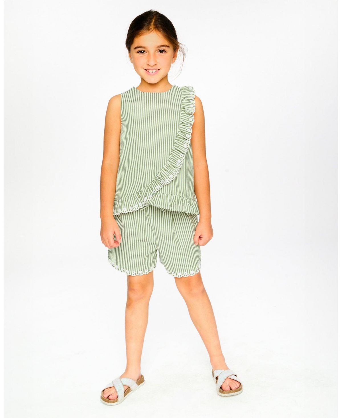 Deux par Toddler Girls Top Green & Off White Stripes with Embroidered Ruffle
