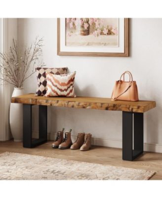 47" Solid Wood Entryway Bench, Industrial Wooden Shoe Bench with Metal Legs, Narrow Long End of Bed Bench