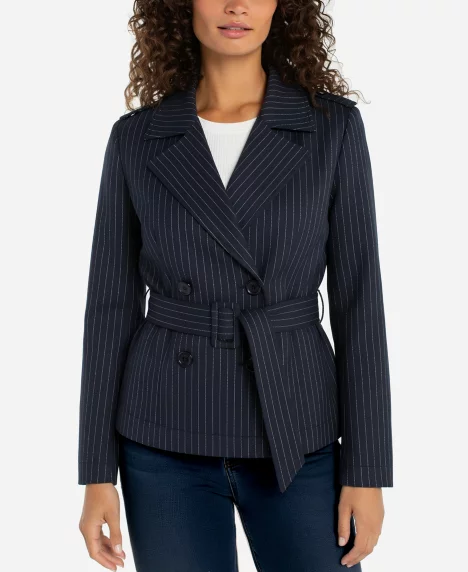 Petite Notch Collar Cropped Trench Jacket - Navy