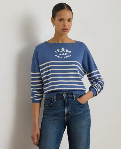 Petite  Boat Neck Long-Sleeve Sweater - Carson Blue/ Mascarpone Cream