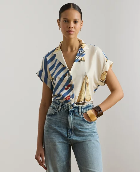 Petite Striped Sailboat-Print Collared Camp Shirt - Cream Multi