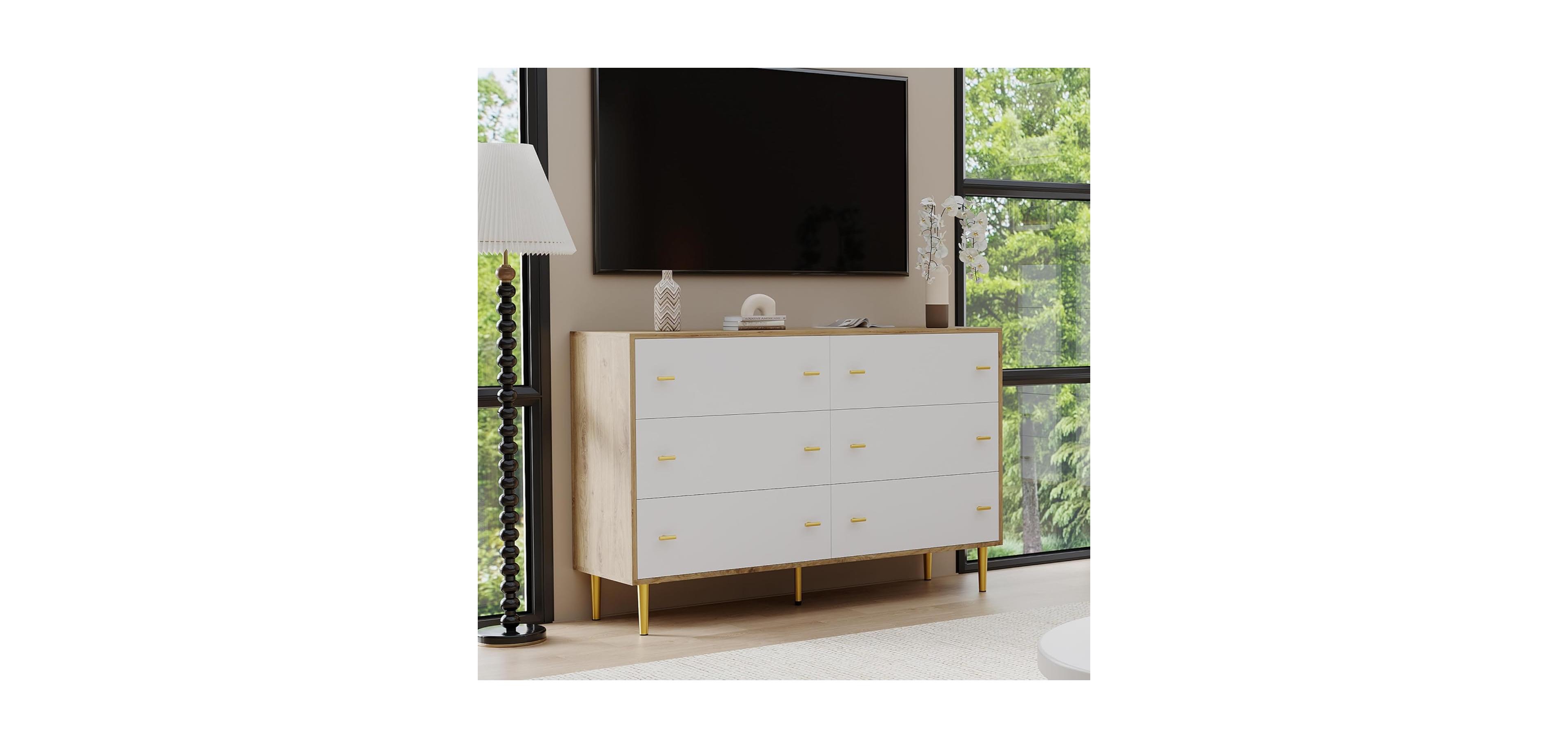 gaomon 6 Drawers Dresser for Bedroom, 47.2" Wide Wood Rustic Chest of Drawers with Bar Handles, Vintage Design, Storage Dressers Organizer for Bedroom