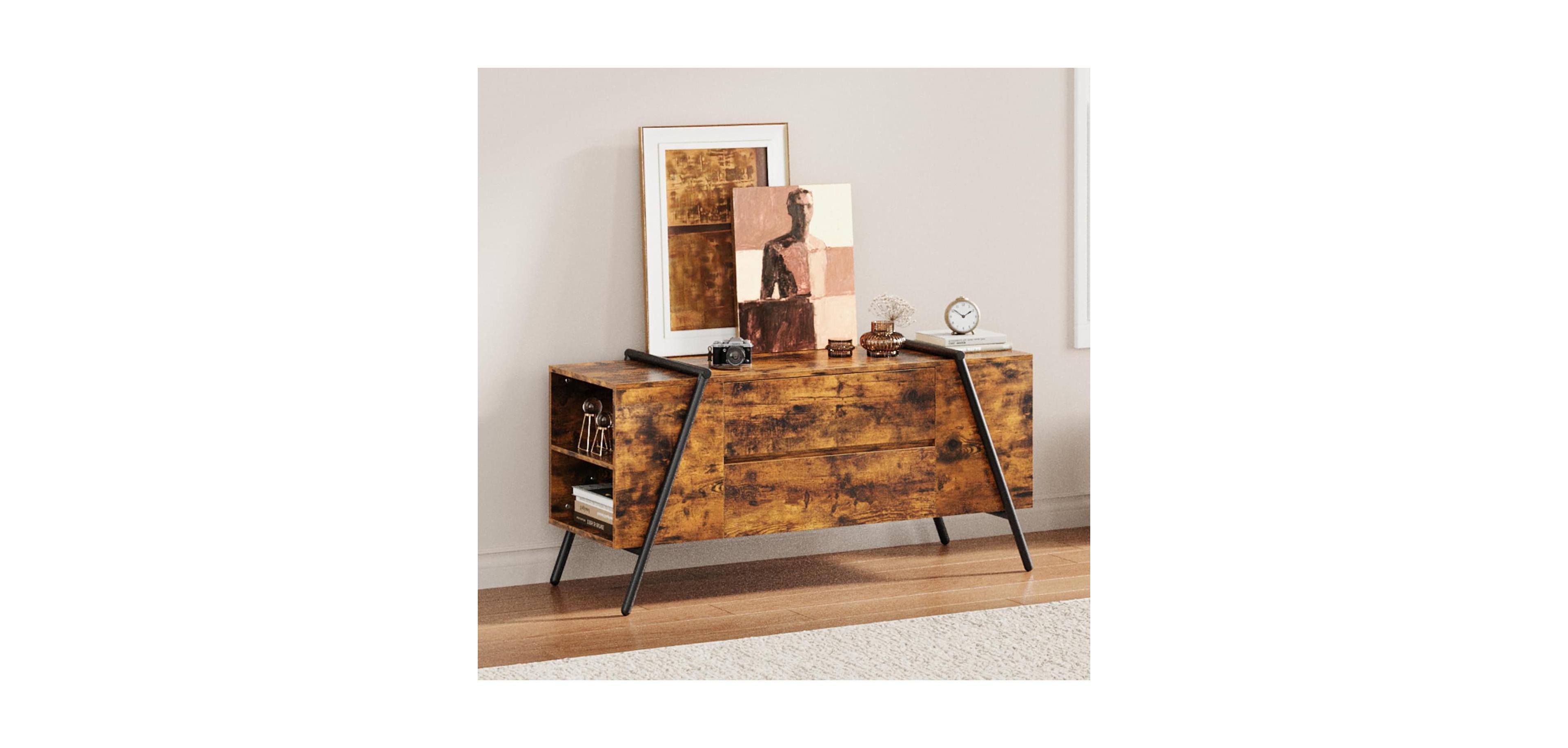 gaomon 47" Modern Farmhouse Tv Stand, 2 Drawers Adjustable Shelves U-Shaped Metal Legs Entertainment Center