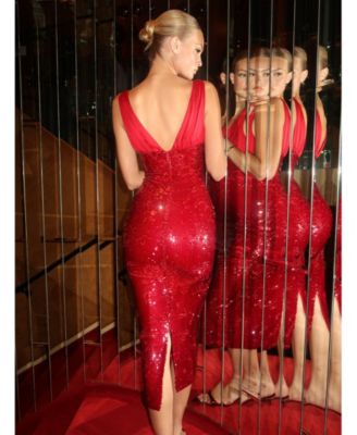 Women's Shanelle Crimson Sequin Plunging Midi Dress