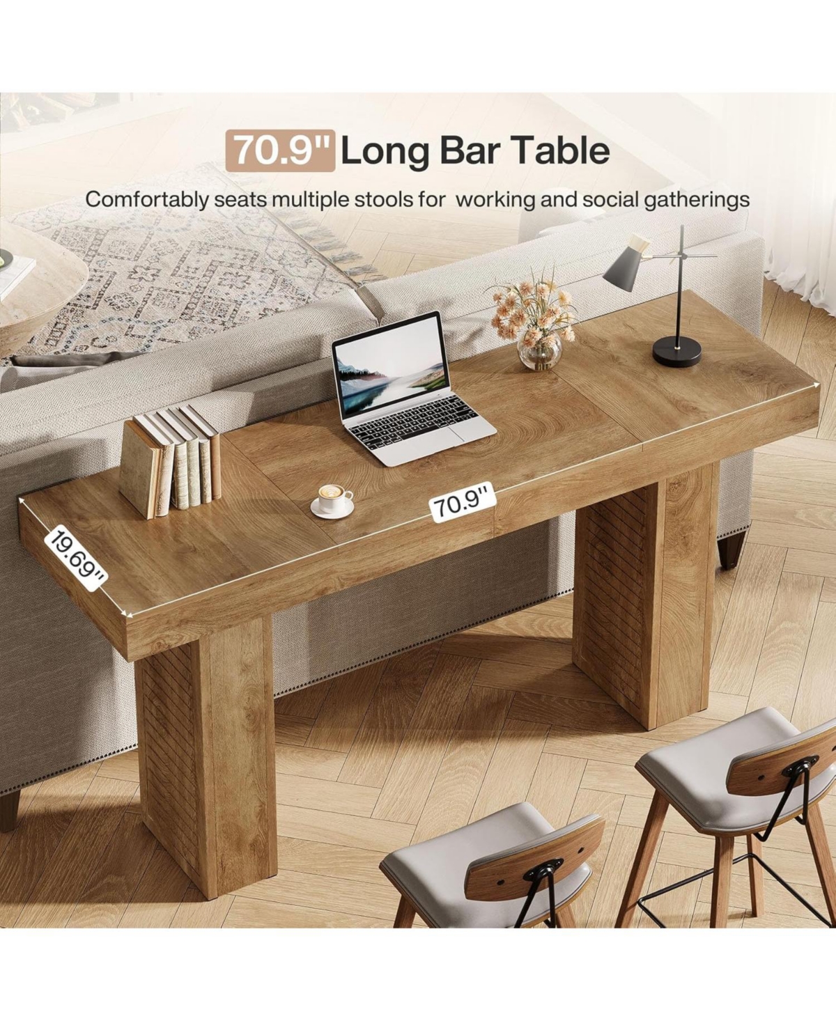 Tribesigns 70.9" Extra Long Bar Table, Counter Height Pub Table with Sturdy Pedestal Base, Modern Rustic Rectangular Bar Height Table