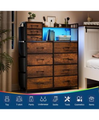 11 Drawer Dresser with Fabric Drawers Storage Cabinet with Shelves Side Pockets Hooks Charging Station