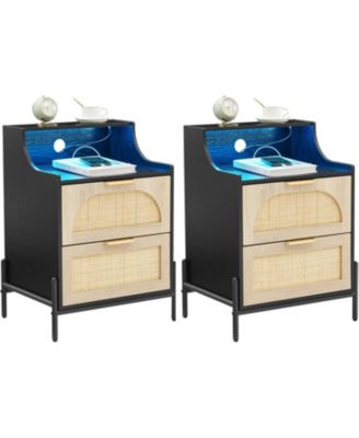 Rattan Night Stand, Black Nightstand with Charging Station, Modern Nightstand with LED Light and 2 Drawers