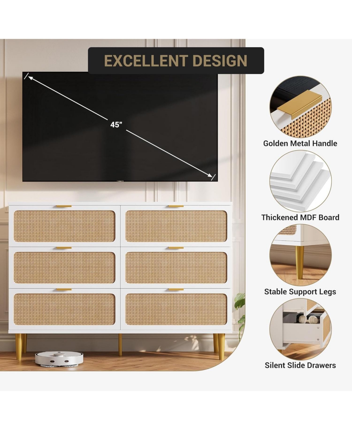 Gaomon Rattan 6 Drawer Dresser, Tall Modern Wooden Chest with Deep Storage & Wide Top for Bedroom or Closet