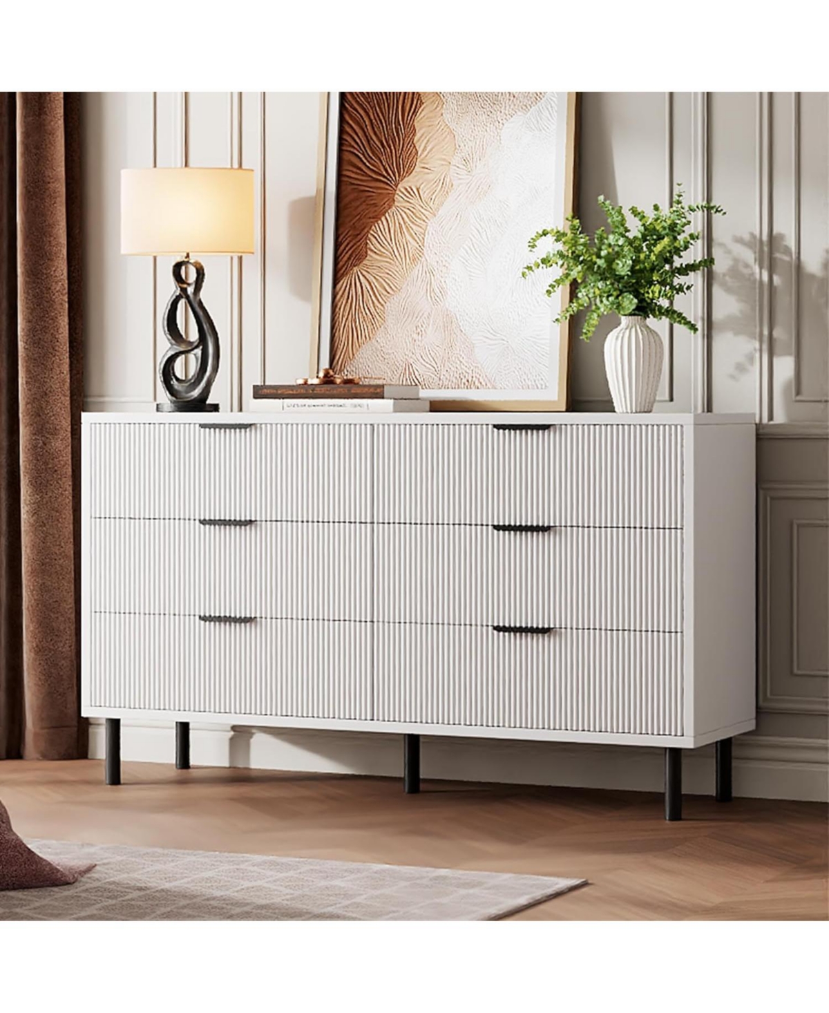 gaomon Fluted 6 Drawer Dresser, Wide Wood Double Dresser with Metal Legs and Handles for Bedroom