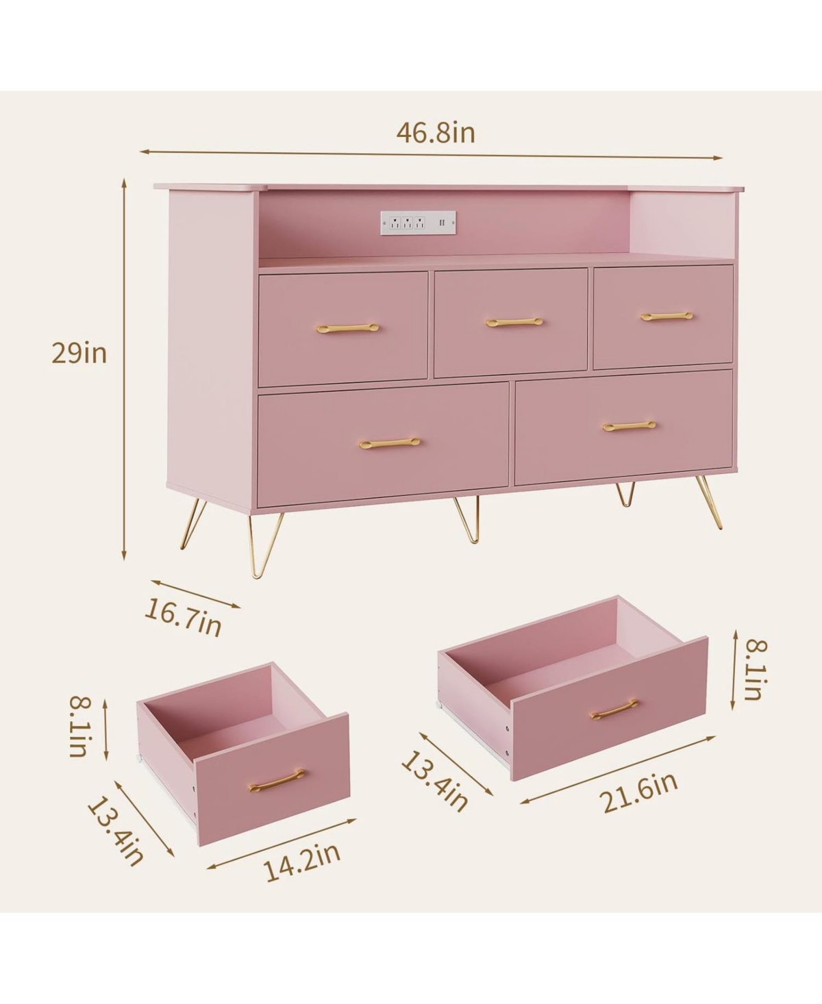 gaomon 5 Drawer Dresser for Bedroom, 47 in Modern Wooden Dresser with Led Lights & Charging Station, Wide Chest of Drawers Storage Organizer, Pink