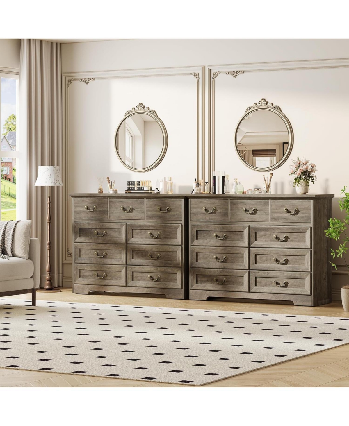 gaomon 9 Drawer Dresser for Bedroom 47 Wide Dressers Wood Vintage Chest of Drawers with Natural Texture and Gold Floral Handles, Farmhouse