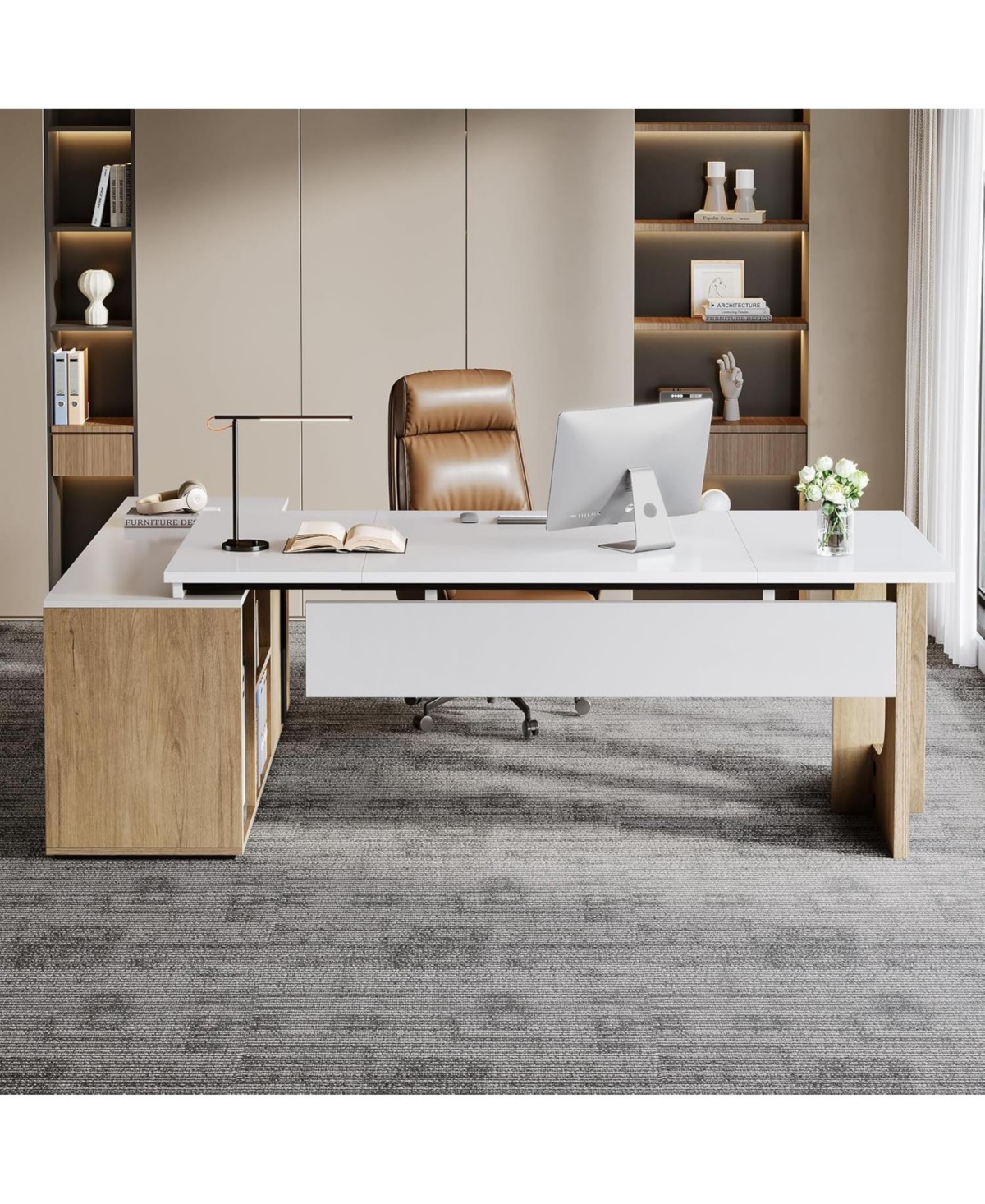 Tribesigns Large Executive Desk, 74.8 Inch L Shaped Computer Desk with Shelves and Cpu Storage, Modern Workstation Set, White and Wood