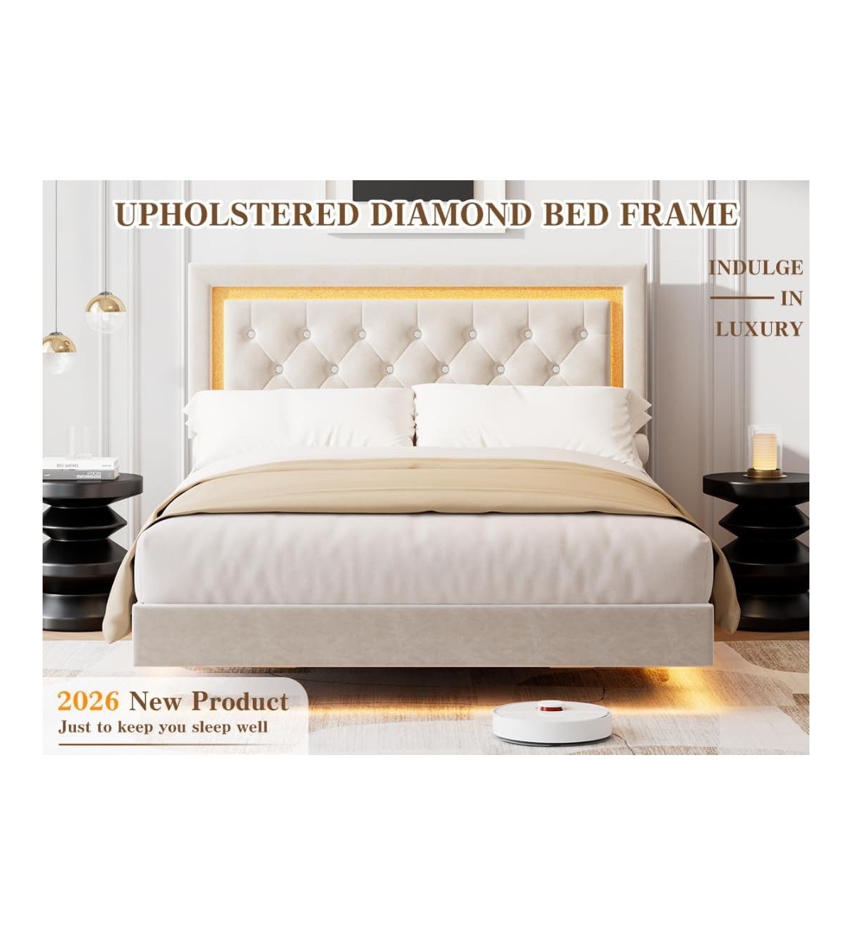 gaomon Floating Platform Bed Frame with Smart Led Lights, Upholstered Diamond Headboard, Wood Slat Support