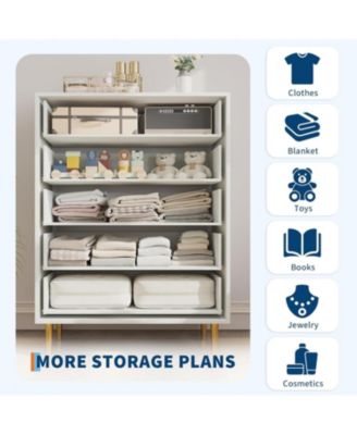 44" Tall Farmhouse 5-Drawer Dresser, Rustic Chest with Bar Handles