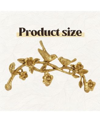 Vintage Gold Metal Hook Rack with 3 Hooks, Birds & Flowers Design
