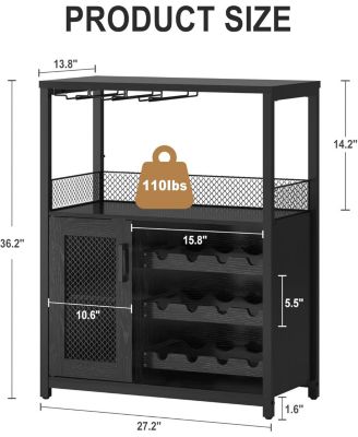 3-Tier Wine Bar Cabinet with LED Lights, Detachable Wine Rack, Glass Holder, and Mesh Door for Kitchen, Living Room, Bar.