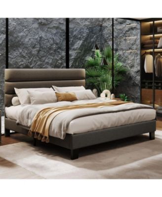 Bed Frame with Adjustable Headboard, Linen Fabric Upholstered and Wooden Slats Support, Platform Bed Heavy Duty Mattress Foundation