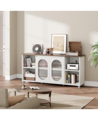 70" Rustic TV Stand for Living Room Entertainment Center with Corrugated Glass Doors & Open Shelves, Media Console