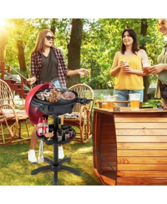 Electric BBQ Grill 1200W Indoor Outdoor Grill with 2-Zone Non-Stick Grilling Plate-Red