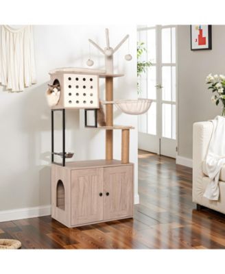 3-in-1 Cat Tree with Litter Box Enclosure, Scratching Posts, Feeding Bowls, and Toy Sticks