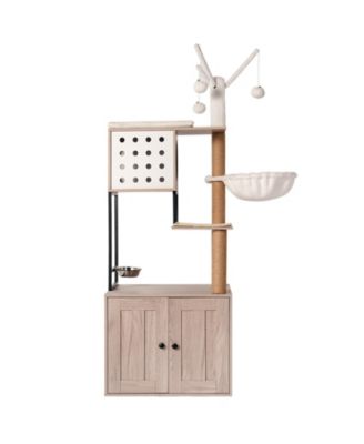 3-in-1 Cat Tree with Litter Box Enclosure, Scratching Posts, Feeding Bowls, and Toy Sticks