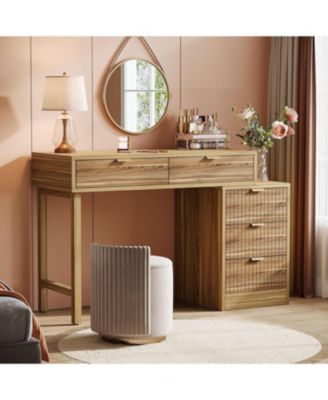 Makeup Vanity Desk with 5 Drawers, Modern Small Dressing Desk with Storage, Wood Make Up Table for Bedroom, Narrow Space (Without Mirror)