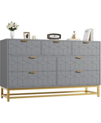 Modern 7 Drawer Wide Dresser Chest, Gold Metal Legs & Handles, Wood Storage Organizer for Bedroom Living Room