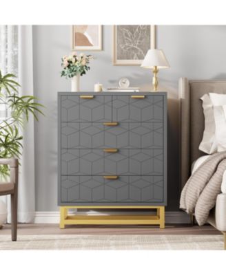 Modern 5 Drawer Wide Dresser Chest,  Metal Legs & Handles, Wood Storage Organizer for Bedroom Living Room