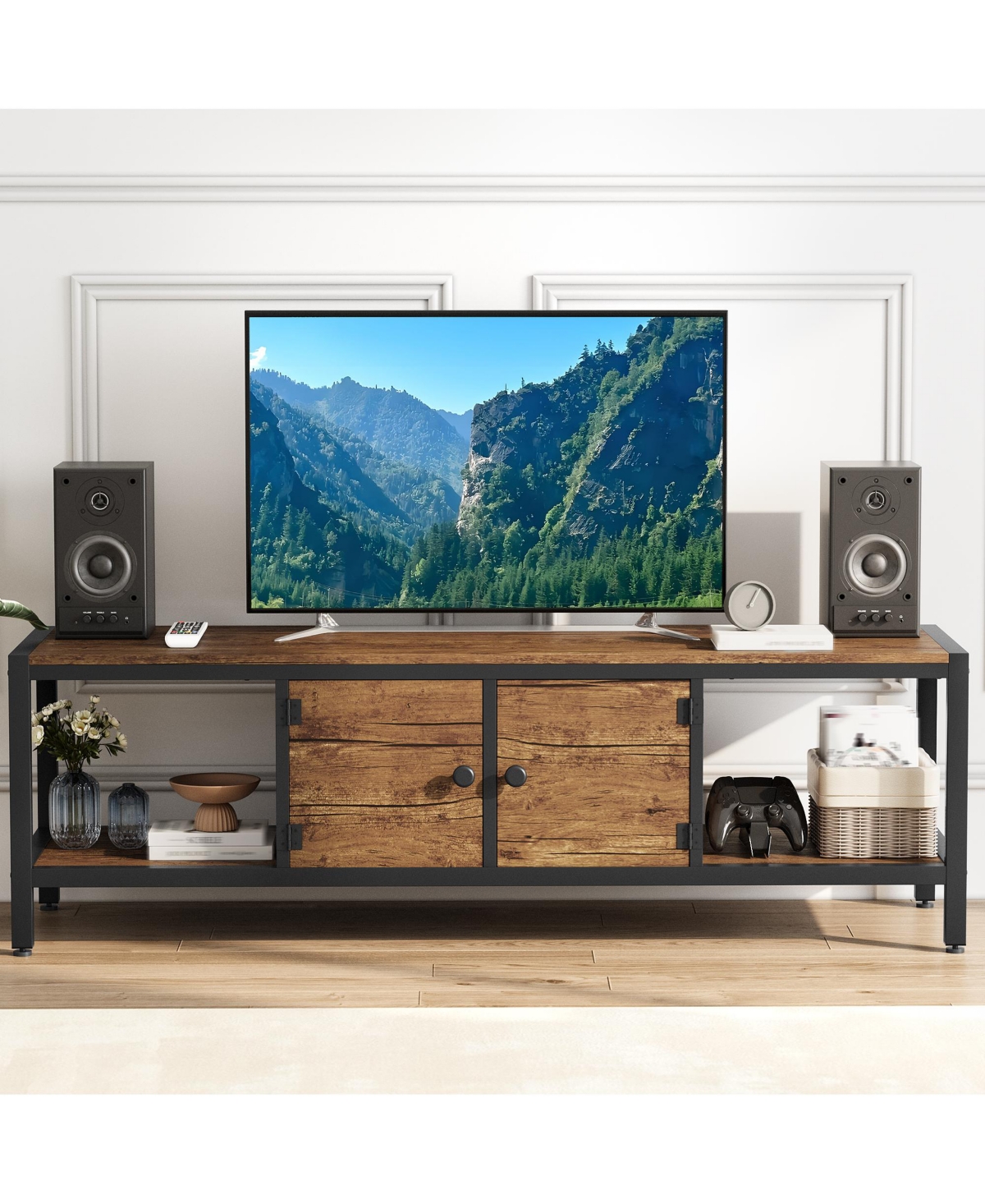 gaomon 65" Wooden Farmhouse Tv Stand for Bedroom, Fits 75" TVs, Cabinet with Open Storage Shelves