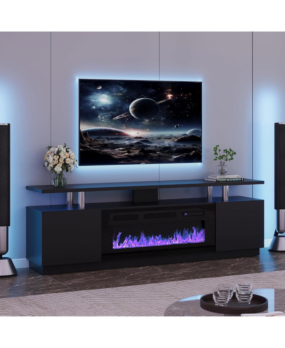 gaomon 70” Fireplace Tv Stand for 80 Inch Tv, Entertainment Center with 36” Electric Fireplace 12 Flame Colors