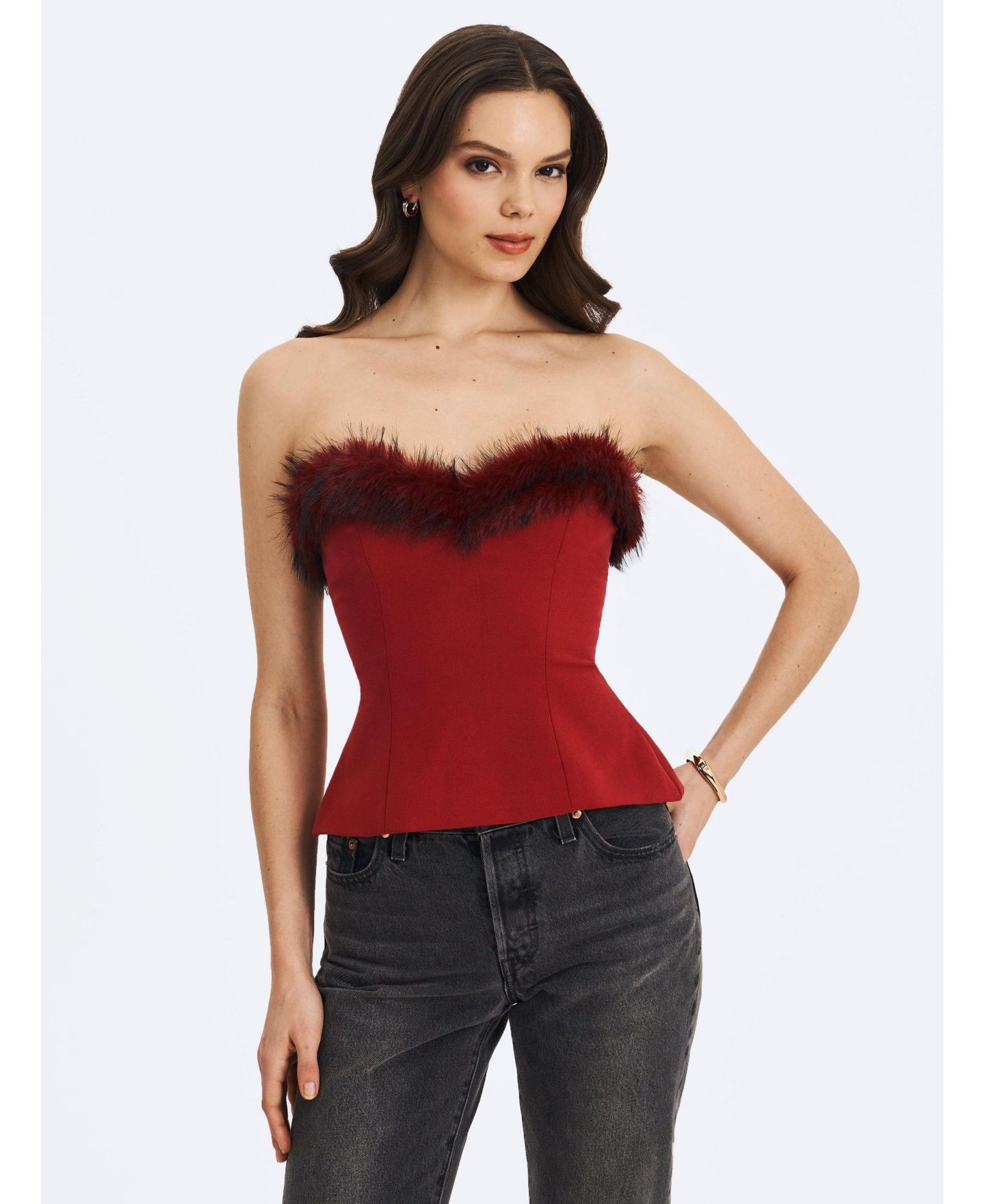 Женский топ Miss Circle Ivette Crimson Fur-Trimmed Peplum, цвет: Малиновый — фото 1