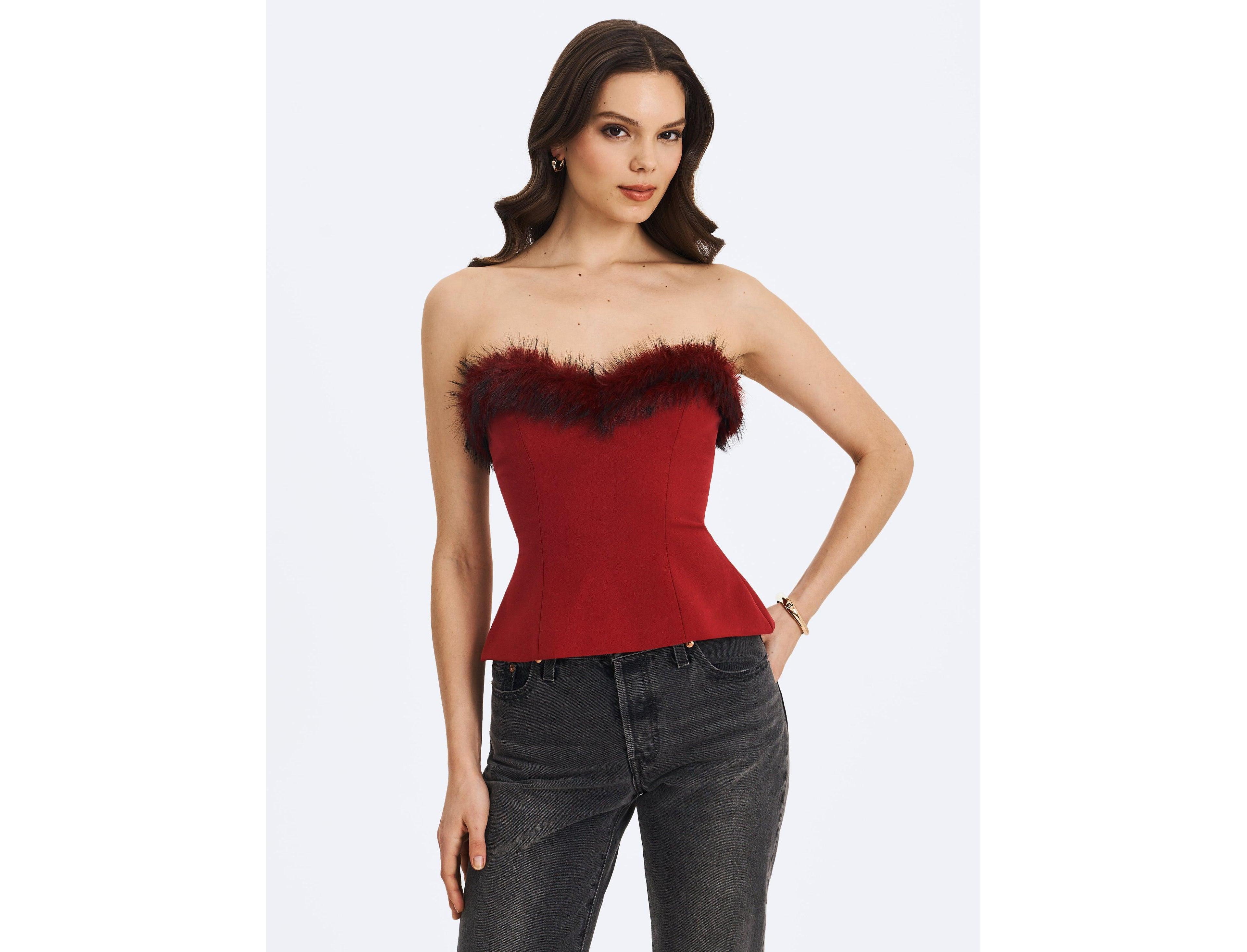 Miss Circle Women's Ivette Crimson Fur-Trimmed Peplum Top