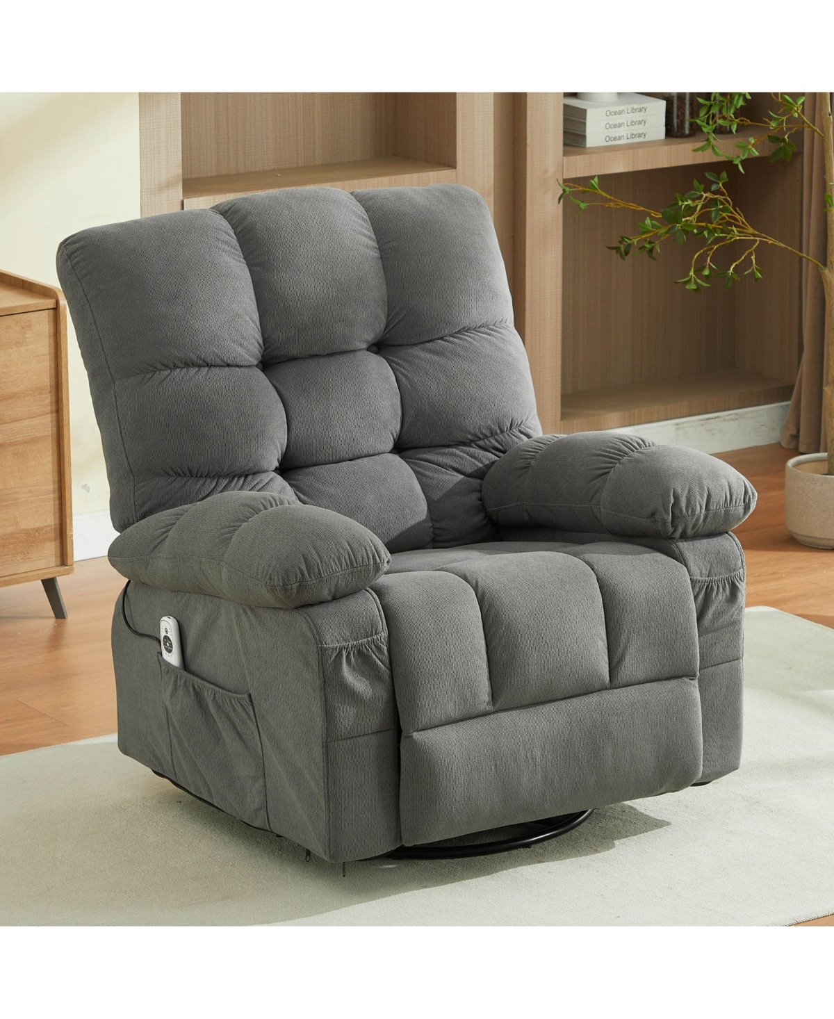 Clihome Oversized Swivel Recliner Chair with Vibration Massage & Lumbar Heating, 350 lbs Capacity, Rocker Single Sofa with Side Pocket