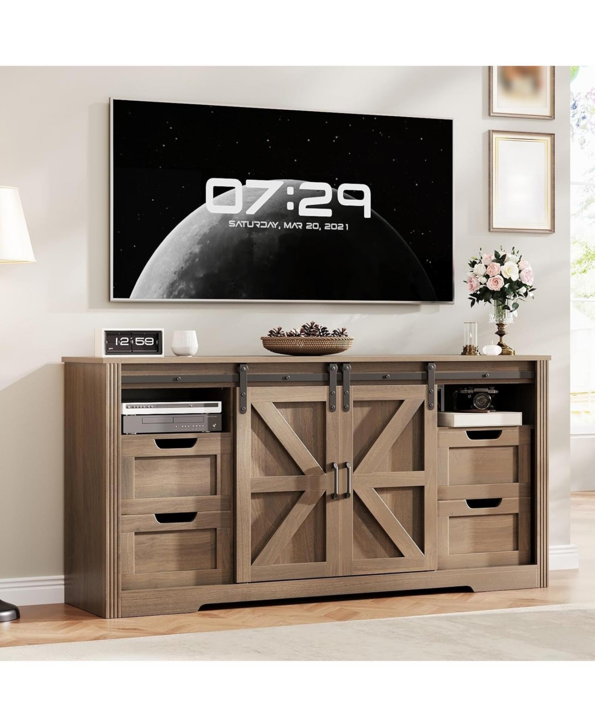 Gaomon Modern Tv Stand for TVs Up to 70", 66" Entertainment Center with 4 Drawers & Sliding Barn Door, Wooden Media Console Table for Living