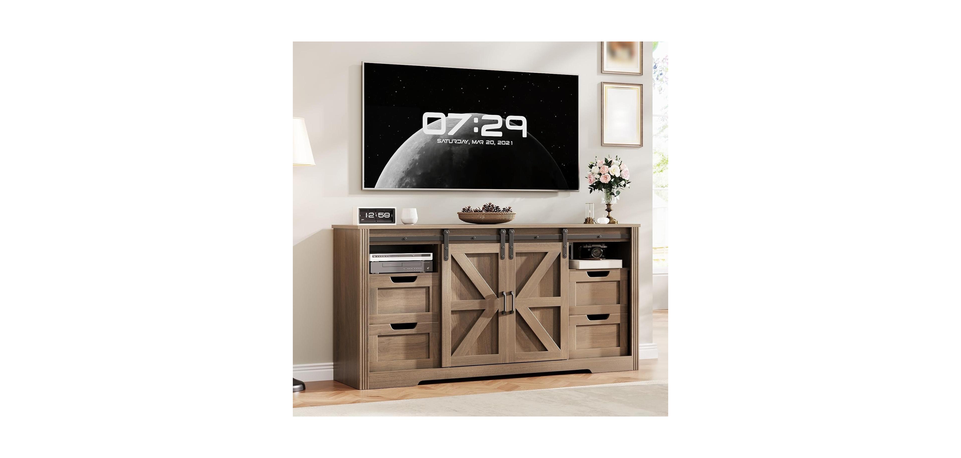 gaomon Farmhouse Tv Stand for Up to 70 Inch Tvs, Rustic TV Cabinet with Sliding Barn Doors, 4 Drawers & Adjustable Shelf