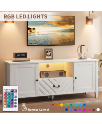 Farmhouse TV Stand, Media Console with V-Shaped Drawer, Open Compartment & 2 Cabinets